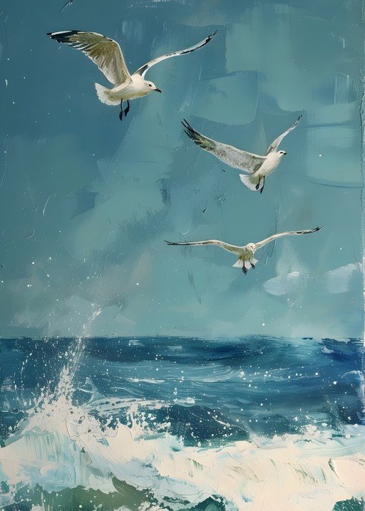 Seagulls Soaring Over Crashing Waves