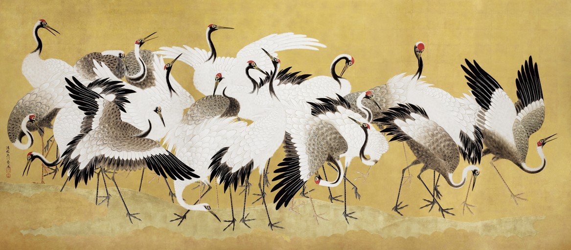 Flock of Red-Crowned Cranes on Golden Background