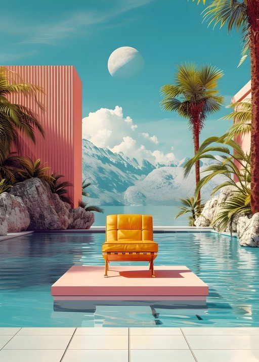 Surreal poolside lounge with mountain backdrop