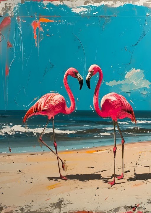 Two Flamingos on a Beach