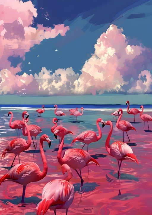 Flock of Flamingos in Pink Water Under Cloudy Sky