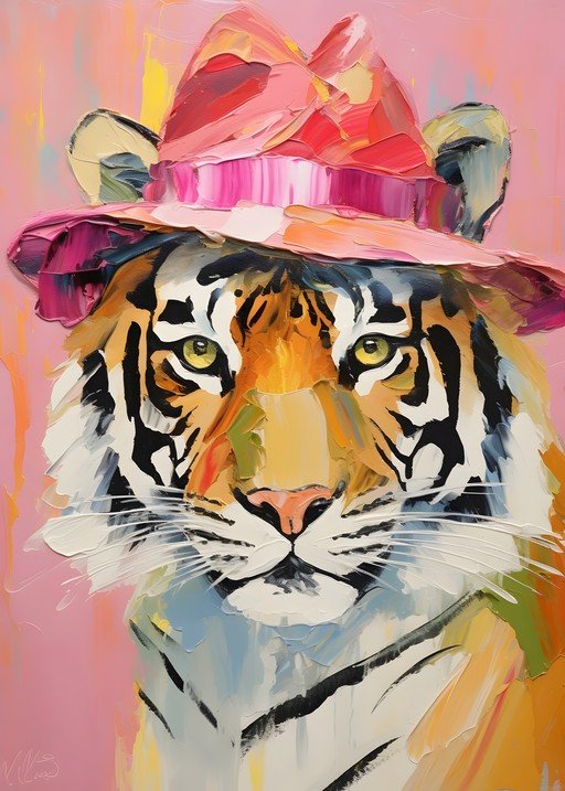 Vibrant Tiger Portrait with Pink Hat
