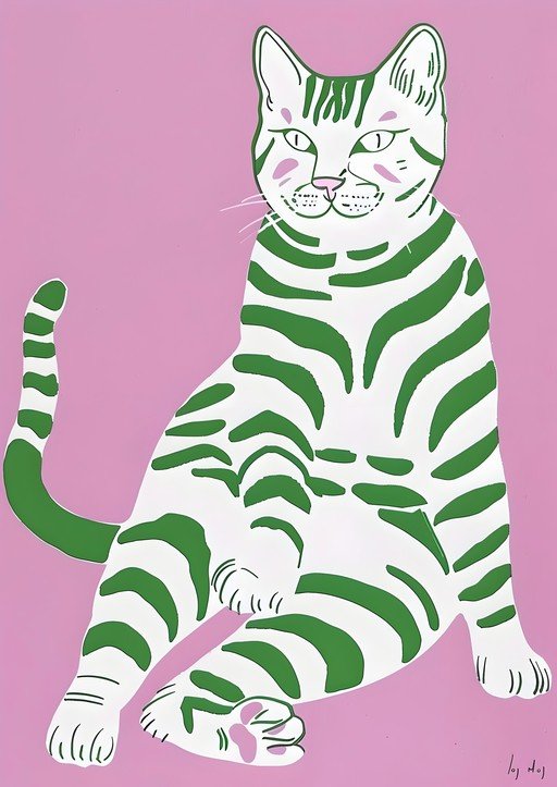 Whimsical Green Striped Cat on Pink Background