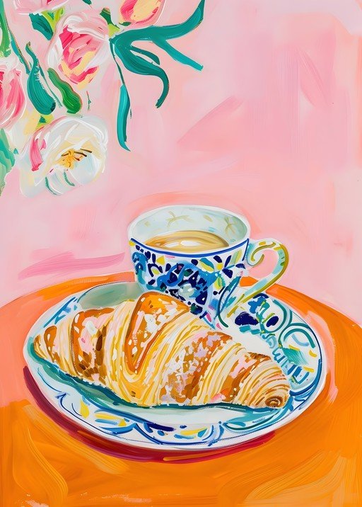 Vibrant Croissant and Coffee Still Life with Flowers