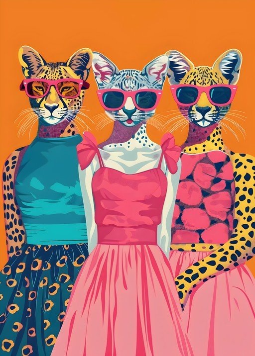 Three Fashionable Cheetahs in Sunglasses and Dresses
