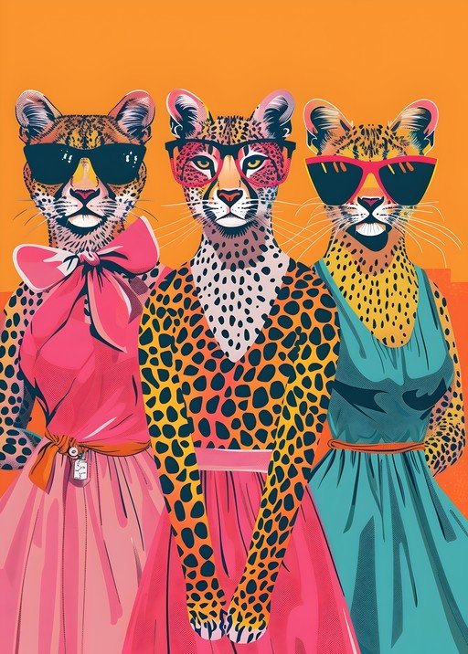 Three Fashionable Cheetahs in Sunglasses and Dresses