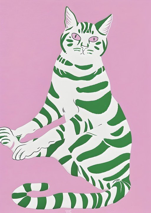 Stylized Green and White Cat on Pink Background