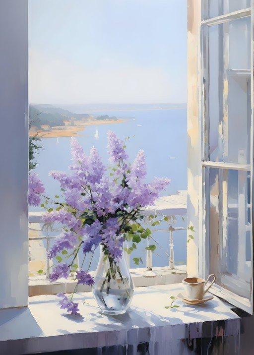Serene Balcony View with Lilacs and Coffee