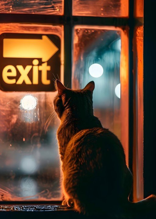 Cat Gazes Out Window at Neon Exit Sign