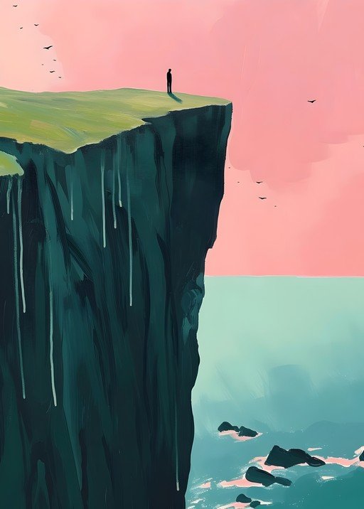Solitary Figure on Cliff Edge Overlooking Ocean