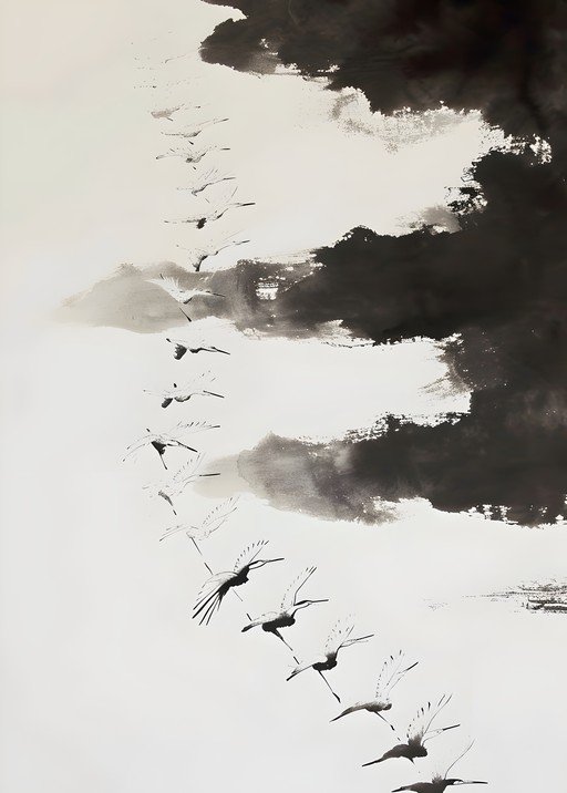 Ink Wash Painting of Cranes in Flight