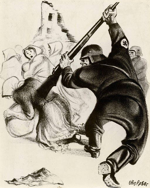 Nazi soldier attacking civilians in wartime
