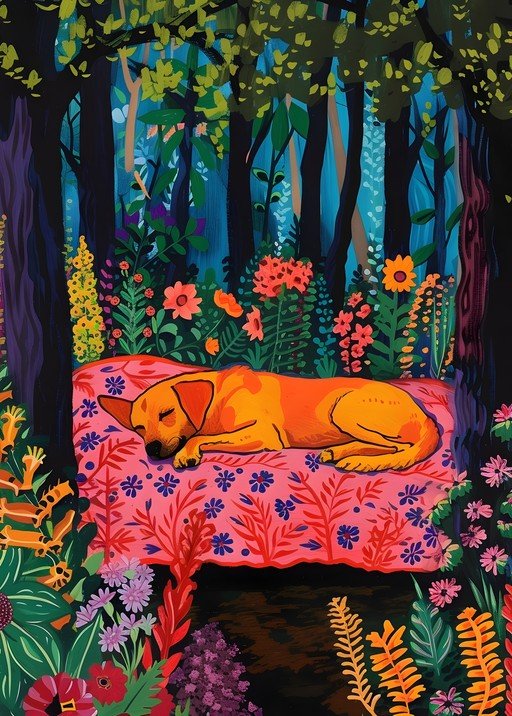 Dog Sleeping Peacefully in a Vibrant Forest