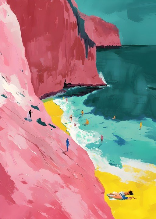 Vibrant Coastal Scene with People Enjoying the Beach