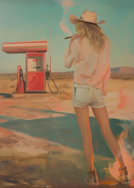 Cowgirl at Desert Gas Station Smoking Cigar