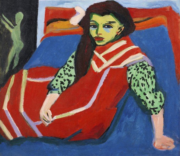 Woman in Red Dress with Green Patterned Sleeves