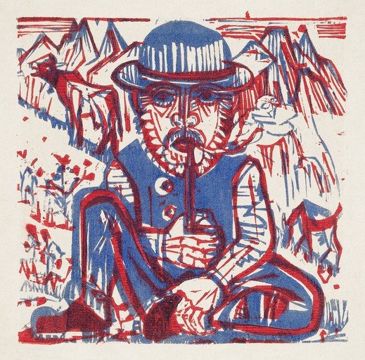 Man with Pipe and Dog in Mountain Landscape