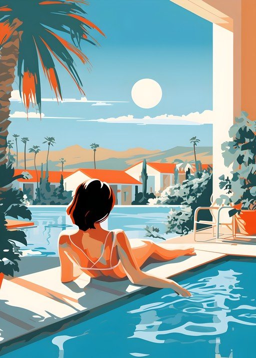 Woman relaxing by a pool in a desert oasis