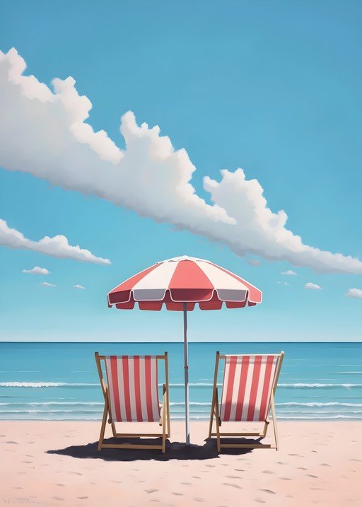 Beach Chairs and Umbrella Under a Blue Sky
