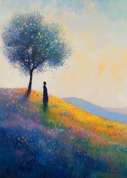 Solitary Figure in a Vibrant Meadow