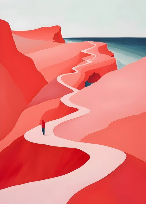 Winding Path Through Red Cliffs to the Sea