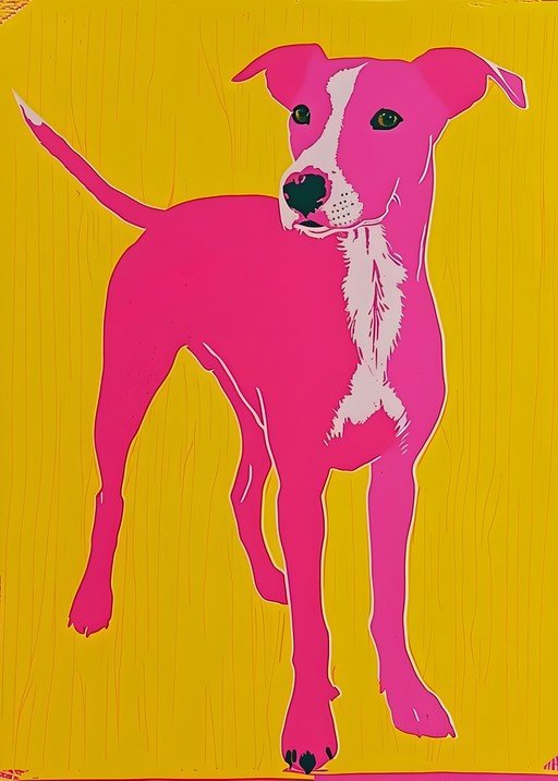 Vibrant Pink Dog Portrait on Yellow Background