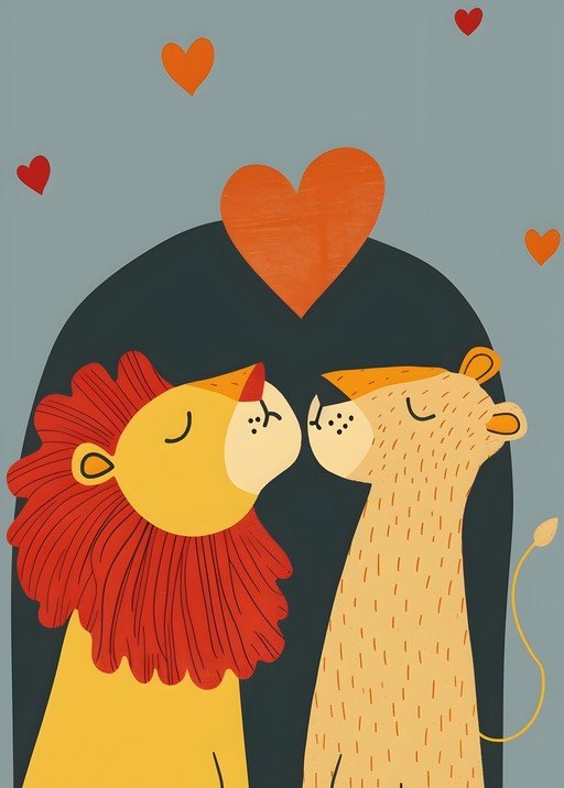 Cute Lion Couple Kissing with Hearts