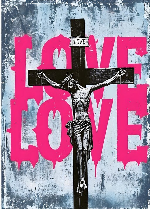 Jesus on Cross with Pink 'LOVE' Text