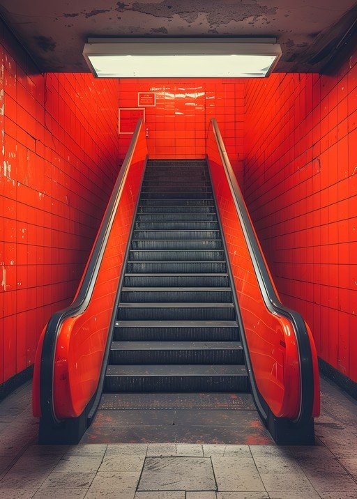 Vibrant Red Escalator in Subway Station