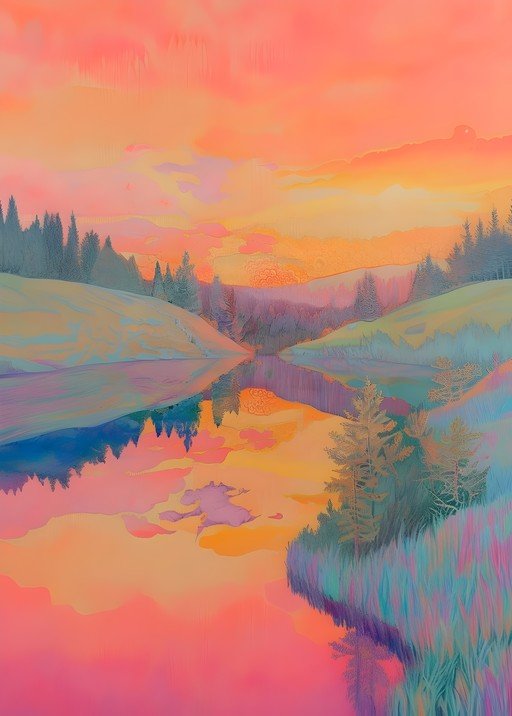 Dreamy Sunset Over Serene Lake and Hills