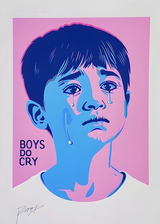 Artistic Portrait of a Crying Boy with Bold Text