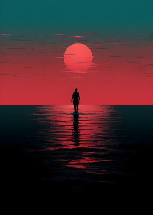 Solitary Figure Walks into a Crimson Sunset Over the Ocean