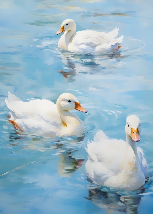 Three White Ducks Swimming in Blue Water