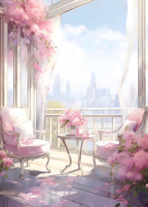 Serene Balcony Oasis with Pink Flowers and City View