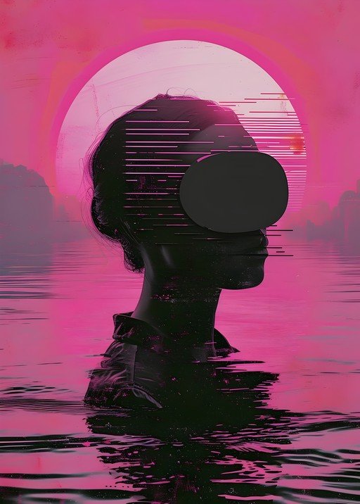 Surreal Portrait of Person in VR Headset Amidst Pink Waters