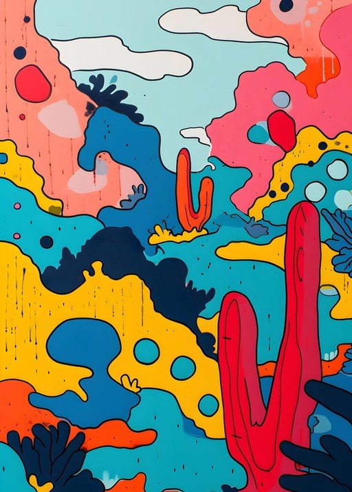 Vibrant Abstract Desert Landscape with Cactus Forms