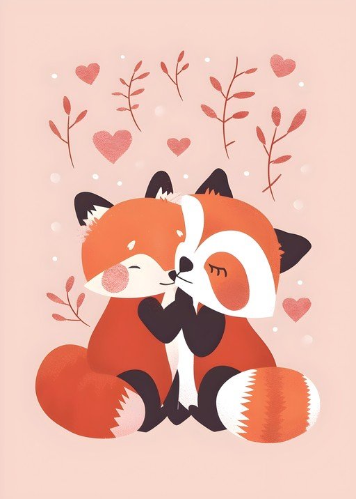 Two Adorable Foxes Hugging in a Whimsical Setting
