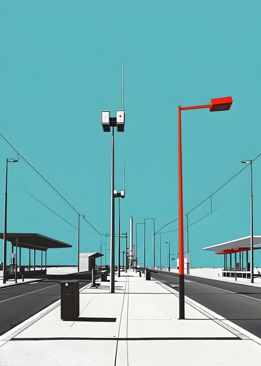 Modern Urban Streetscape with Red Lamppost