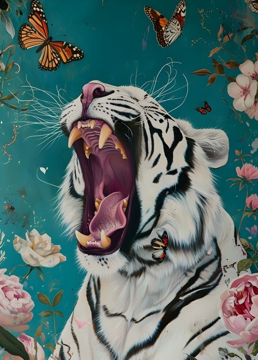 White Tiger Roaring Amidst Butterflies and Flowers