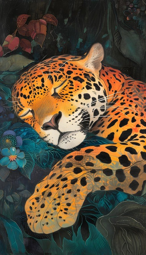 Sleeping Jaguar in Lush Tropical Foliage