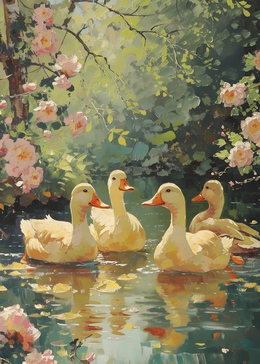 Ducks Swimming in a Rose Garden Pond
