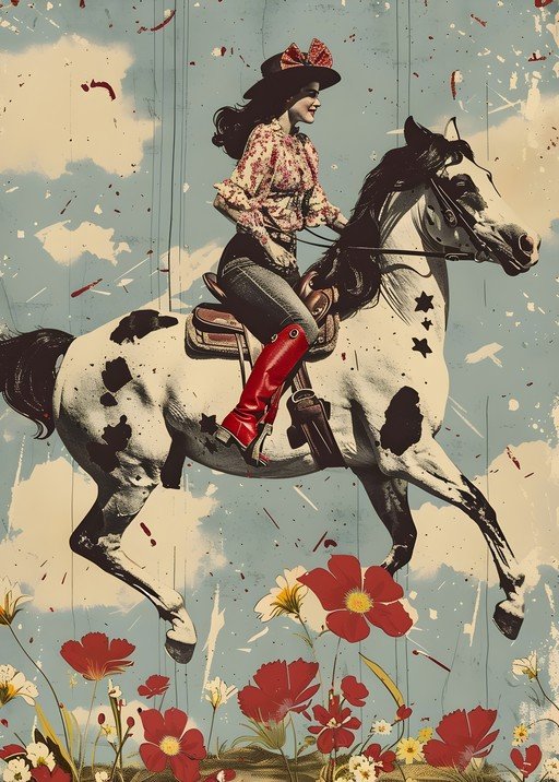 Cowgirl Riding Horse with Flowers and Sky Background
