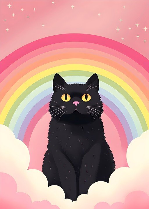 Black Cat on Rainbow Clouds