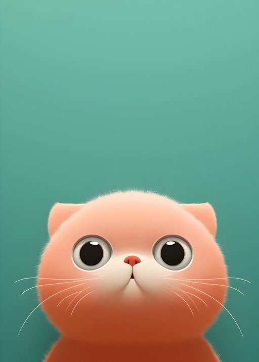 Cute Peach Cat with Big Eyes on Teal Background