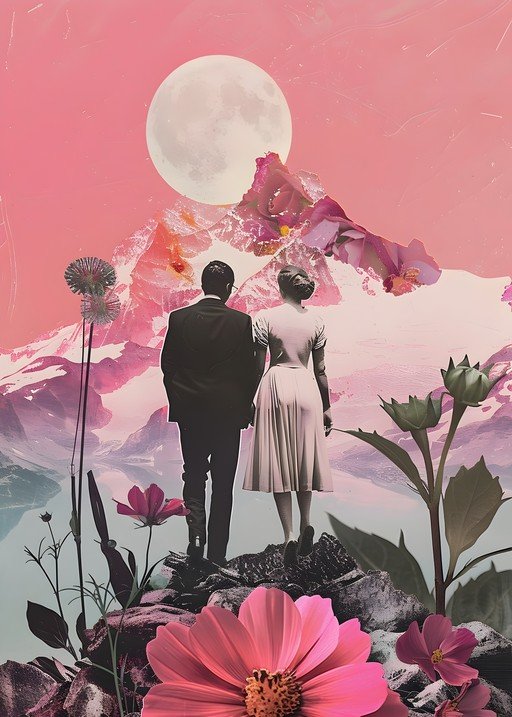 Couple Gazing at Moonlit Mountains and Flowers
