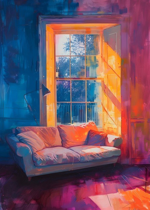 Vibrant Living Room Scene with Sofa and Window Light