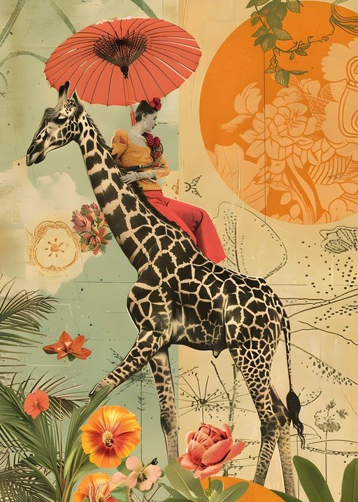 Surreal Collage: Woman Rides Giraffe Under Parasol Amidst Tropical Flora