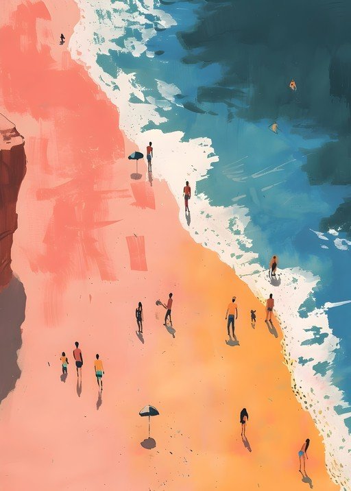 Vibrant Beach Scene with People and Ocean Waves