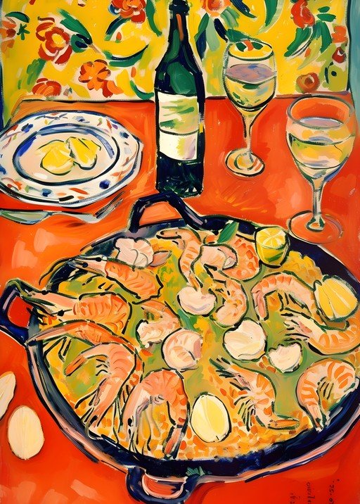 Vibrant Still Life of Paella and Wine