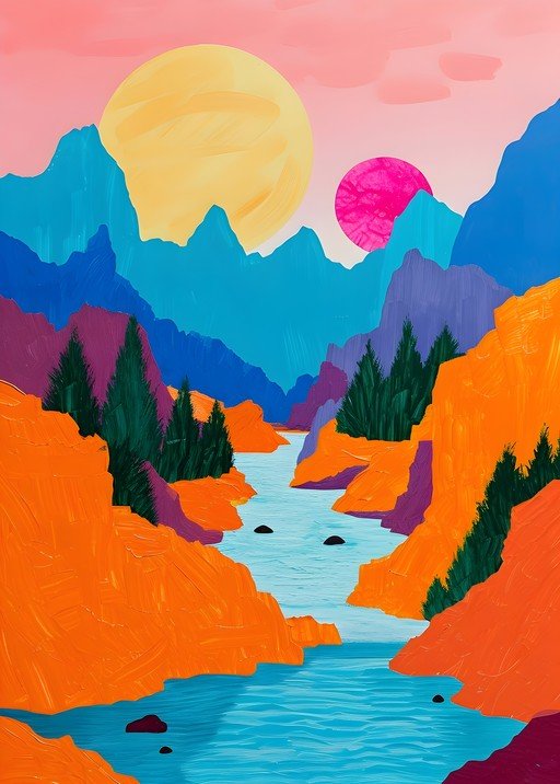 Vibrant Abstract Landscape with River and Mountains